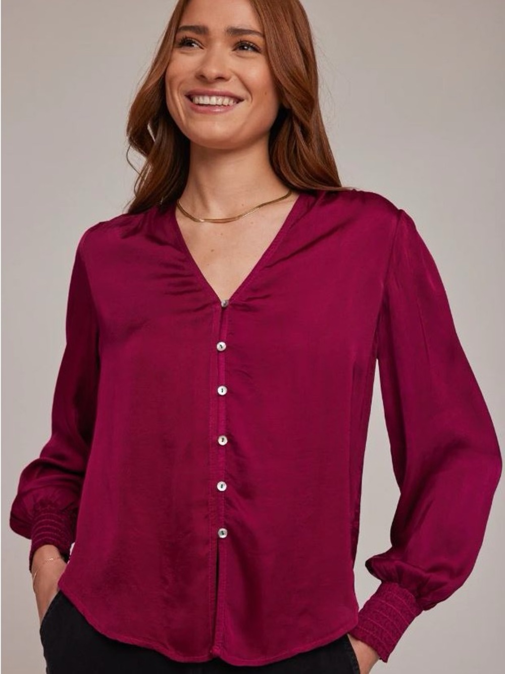 Bella Dahl Smocked Cuff Button Down Blouse Top Shirt Dark Fuschia Size L